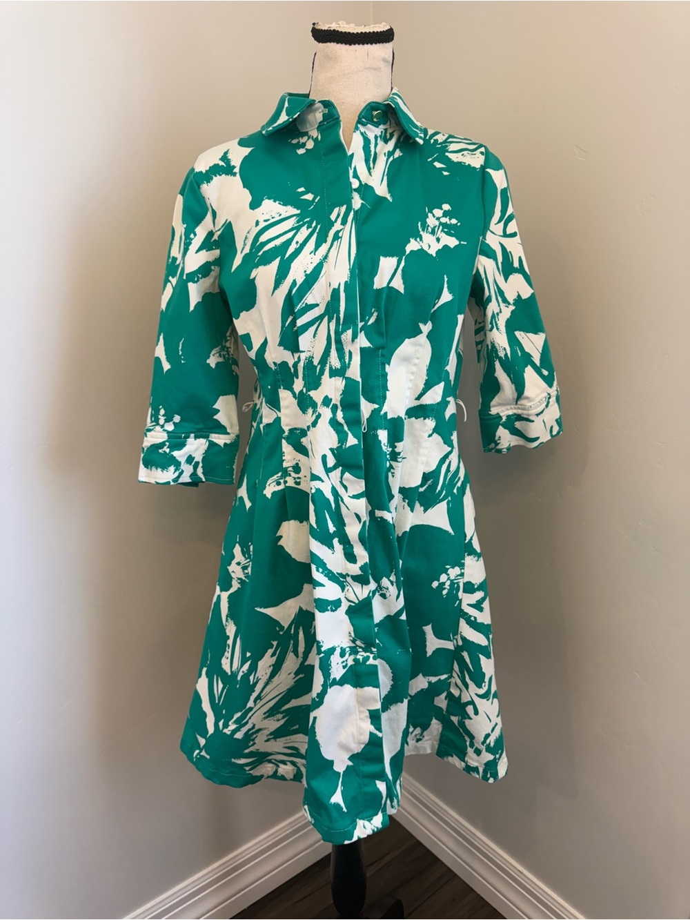 Anne Klein 4P Green White Floral Shirt Dress Petite Button Front Stretch Cotton - Picture 9 of 13